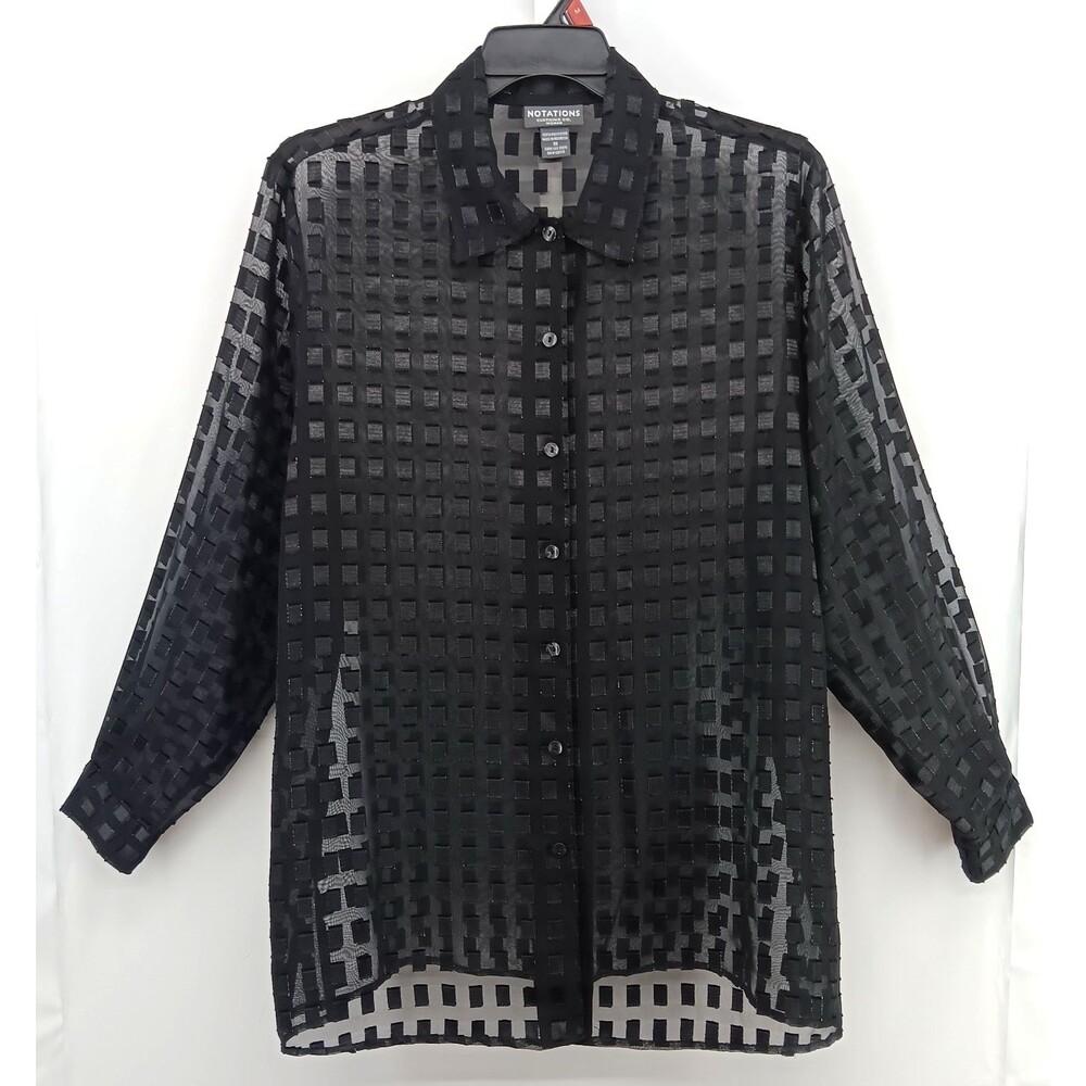Notations Shirt Women Plus Size 1X Black Geometric Long Sleeve Sheer Button Up